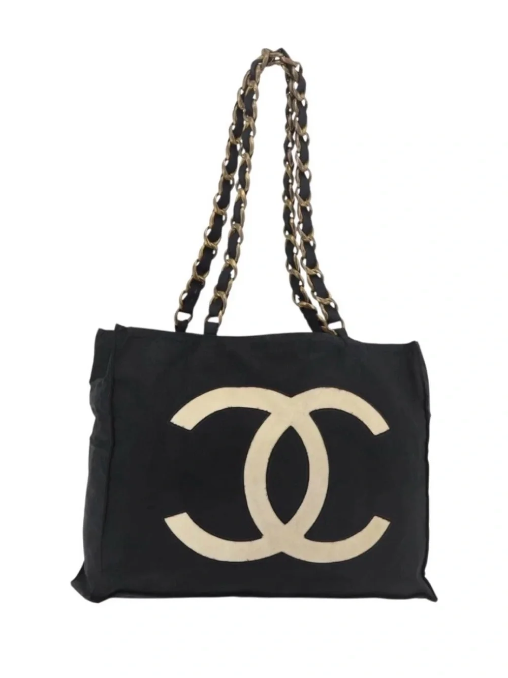 👜 CHANEL Black Tote Cream CC Logo Chain-Strap Golden Nylon Authentic Coco